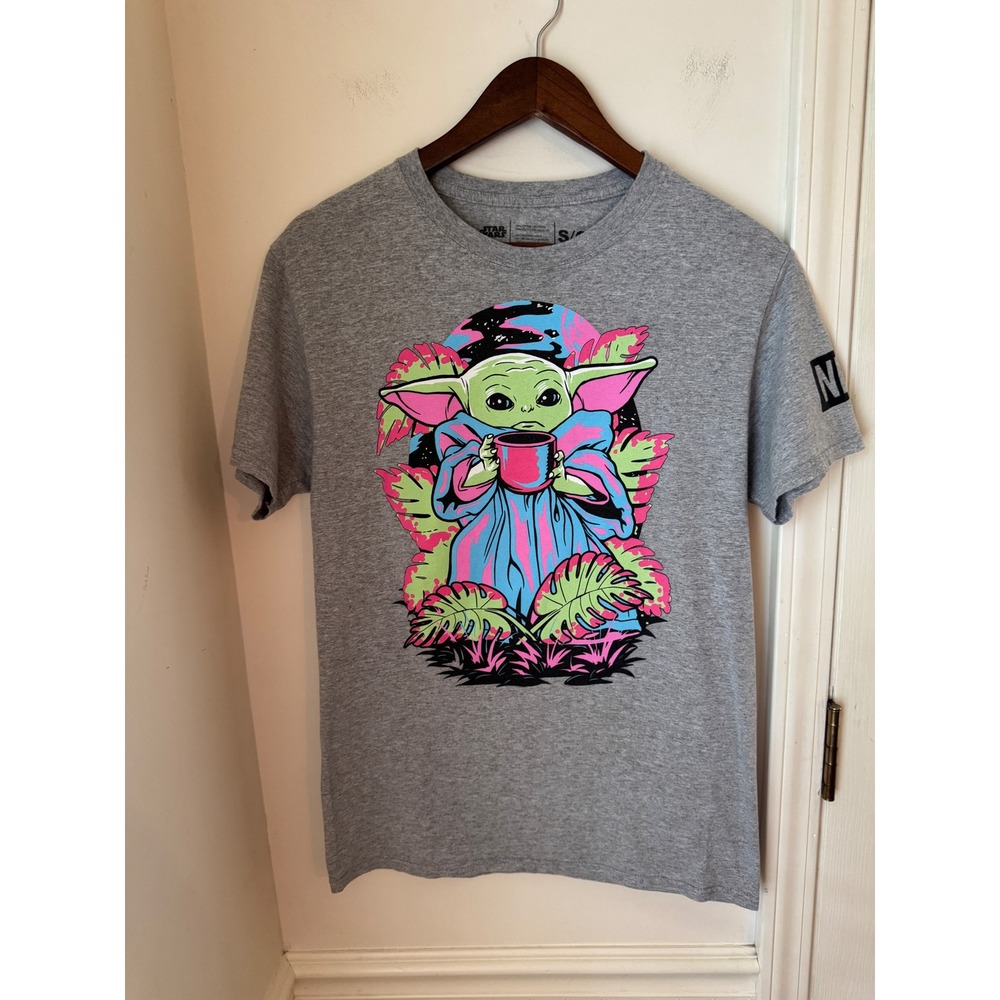 Neff Star Wars Grogu Baby Yoda Neon Graphic T-Shirt Grey Mens Small